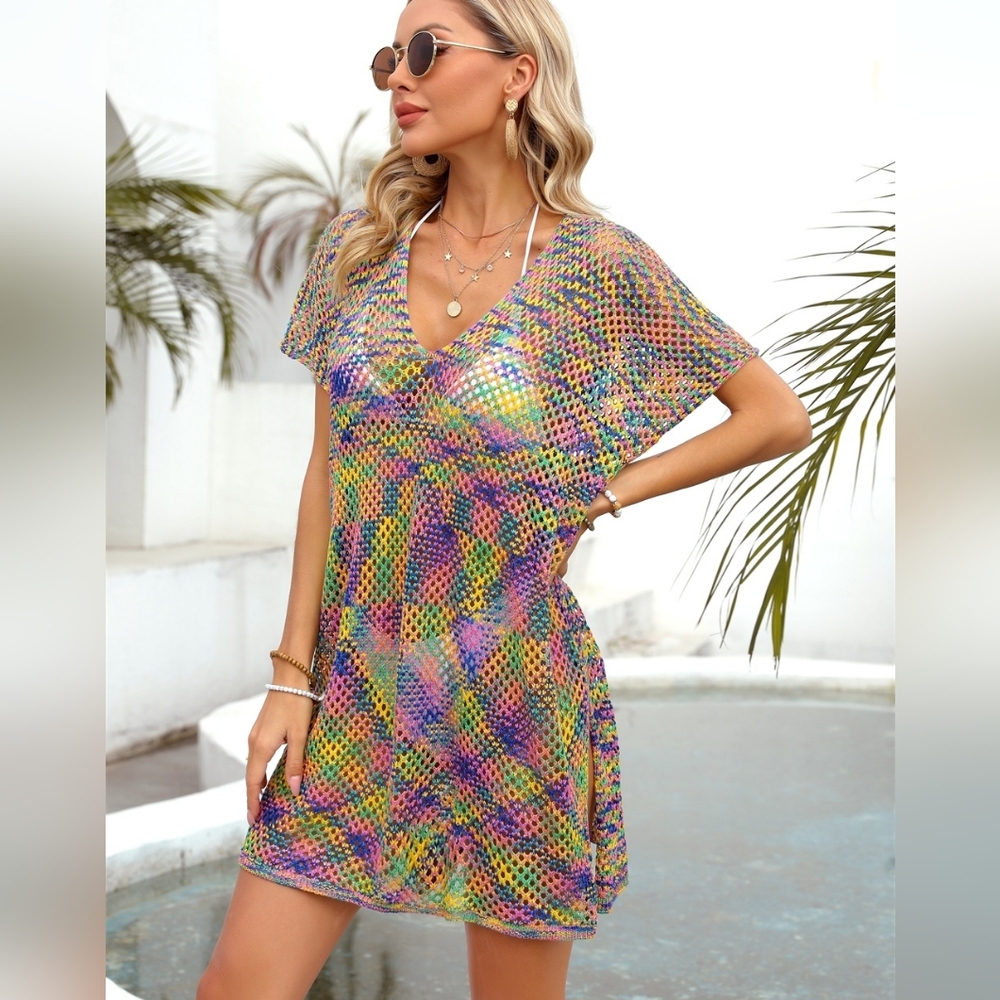 Stylish Multicolor Openwork Contrast Swim Cover-Up
